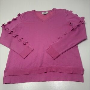 Magaschoni Sweater Women Size Large Pink V-Neck with‎ Sleeve Bows Crewneck